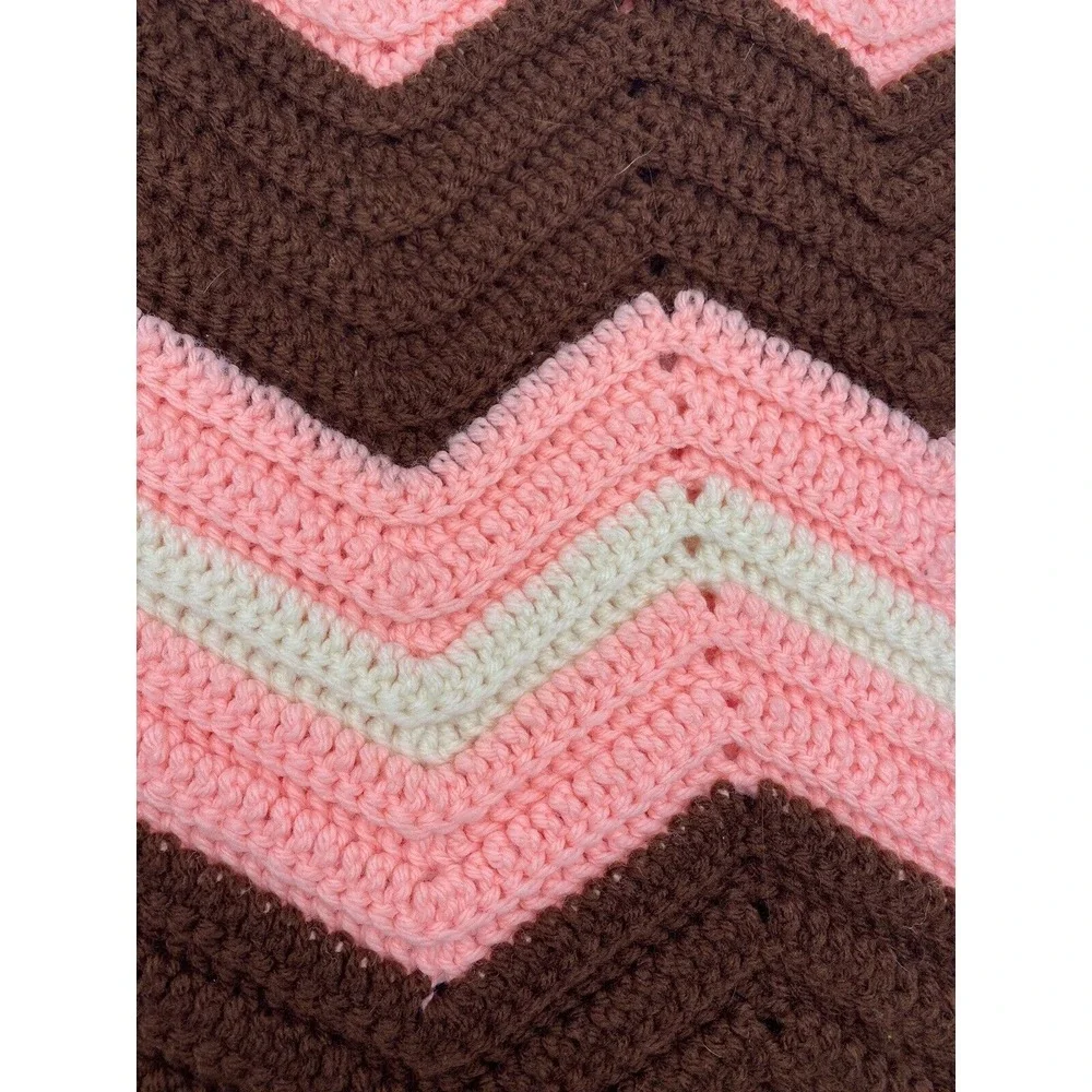 VTG Hand‎ Crochet Chevron Afghan 70's Blanket Peach/Pink, Brown, Cream 64